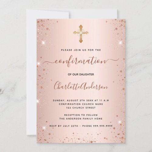 Confirmation rose gold glitter dust girl invitation