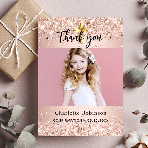 Confirmation rose gold photo sparkles girl thank you card