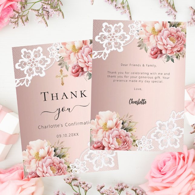 Confirmation rose gold pink floral lace thank you card (Creator Uploaded)