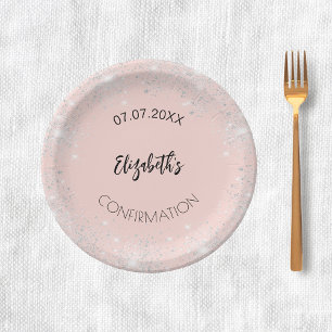 Confirmation rose gold silver glitter girl name paper plates