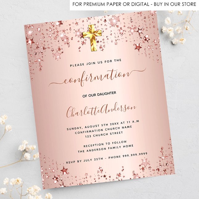 Confirmation rose gold star girl budget invitation flyer (Creator Uploaded)