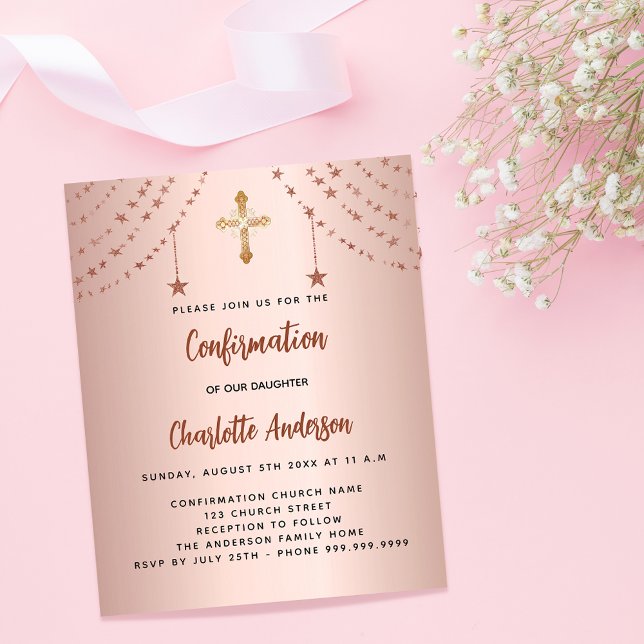 Confirmation rose gold stars budget invitation (Creator Uploaded)