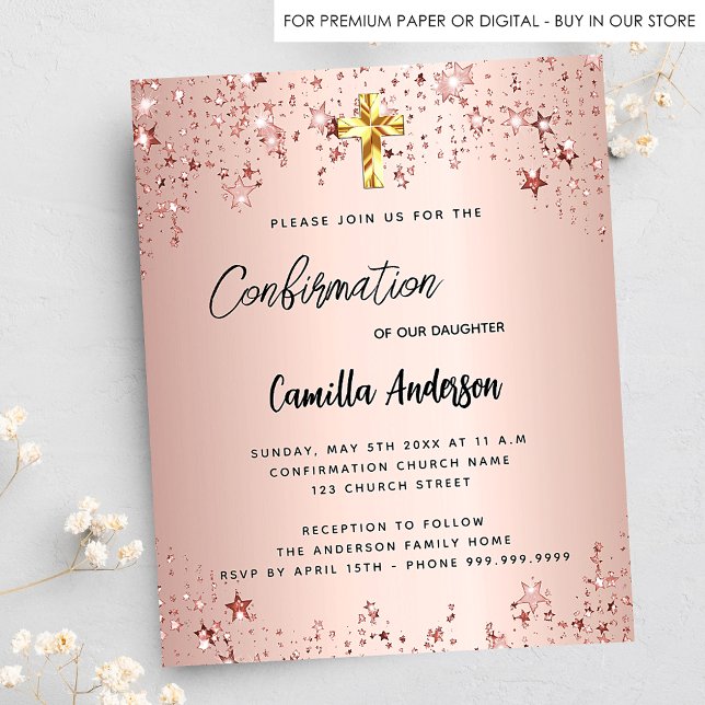 Confirmation rose gold stars budget invitation (Creator Uploaded)