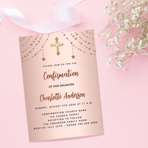 Confirmation rose gold stars modern simple girl invitation