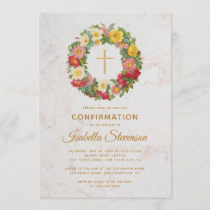 Confirmation Rose Wreath Gold Cross Floral Marble Invitation