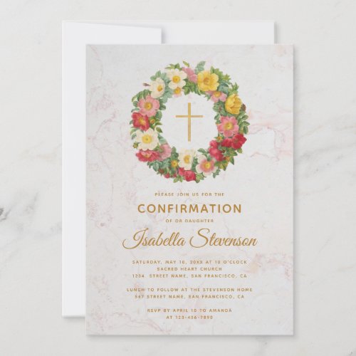 Confirmation Rose Wreath Gold Cross Floral Marble Invitation
