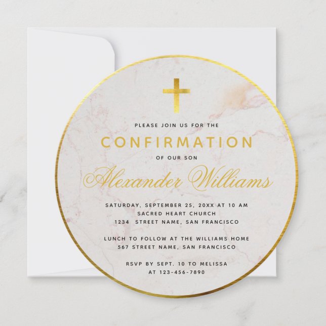 Confirmation Round Faux Gold Foil Marble Script Invitation (Front)