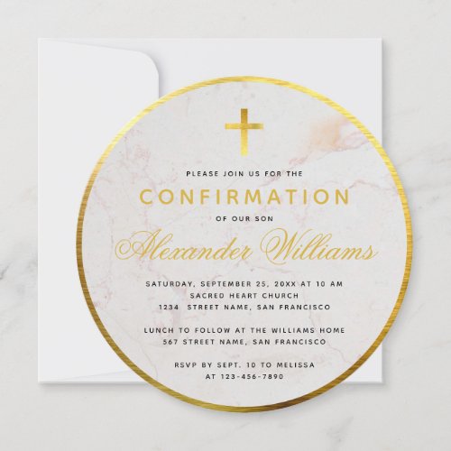 Confirmation Round Faux Gold Foil Marble Script Invitation