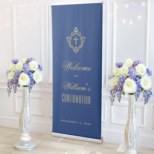 Confirmation Royal Blue Gold Crest Religious Cross Retractable Banner (Creator Uploaded)