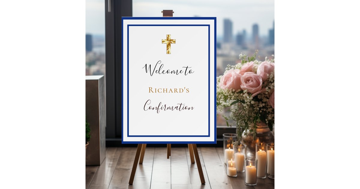 Confirmation royal blue white boy cross welcome foam board | Zazzle