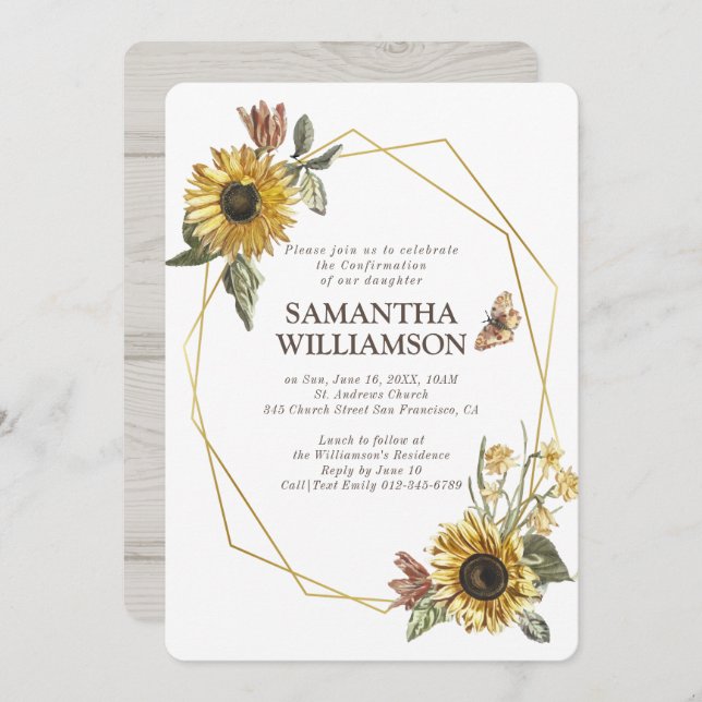 Confirmation Rustic Sunflowers Invitation (Front/Back)
