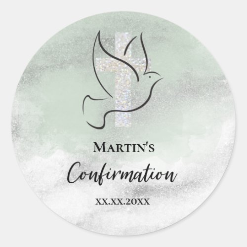 Confirmation sage green marble classic round sticker