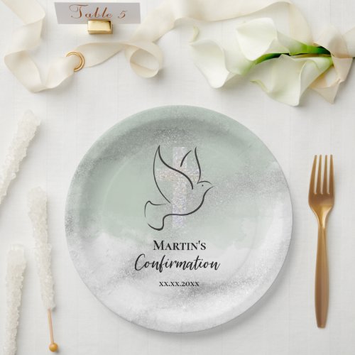 Confirmation sage green marble paper plates