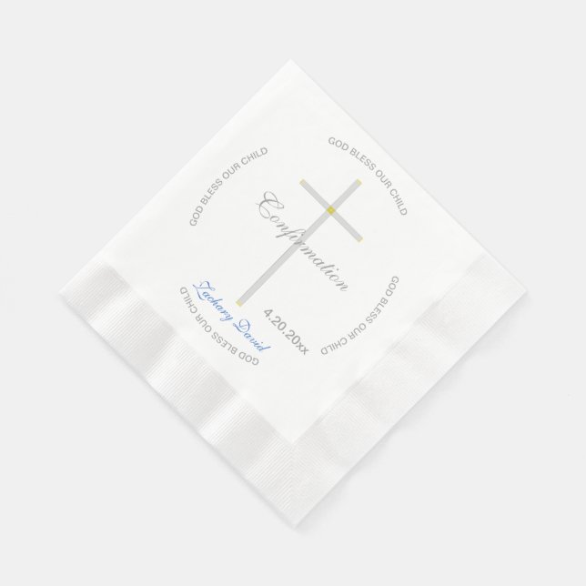 Confirmation Silver Cross Boy Blue Name Napkins (Corner)