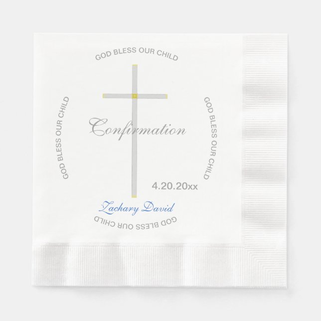 Confirmation Silver Cross Boy Blue Name Napkins (Front)