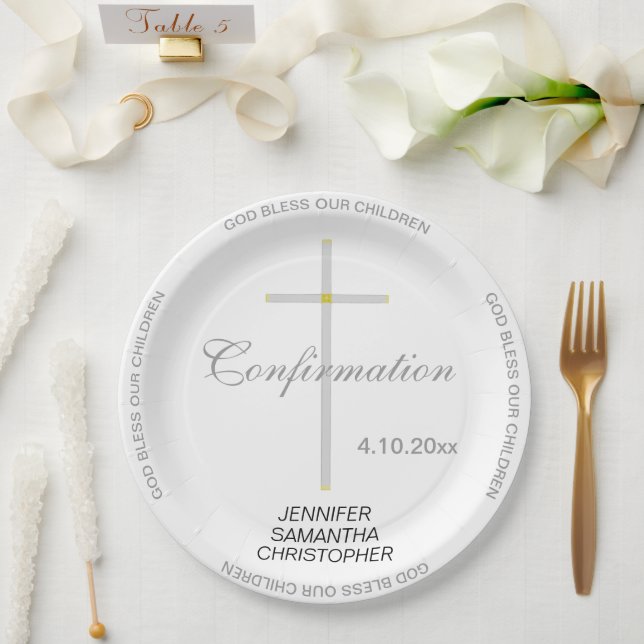 Confirmation Silver Cross Triplet NAMES Paper Plates (Wedding)