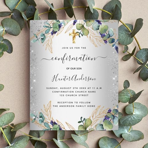 Confirmation silver eucalyptus greenery invitation