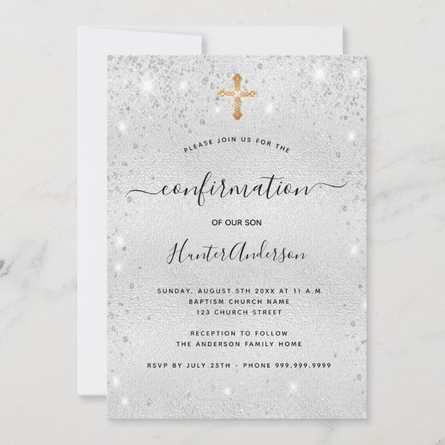 Confirmation silver glitter boy girl modern invitation (Front)