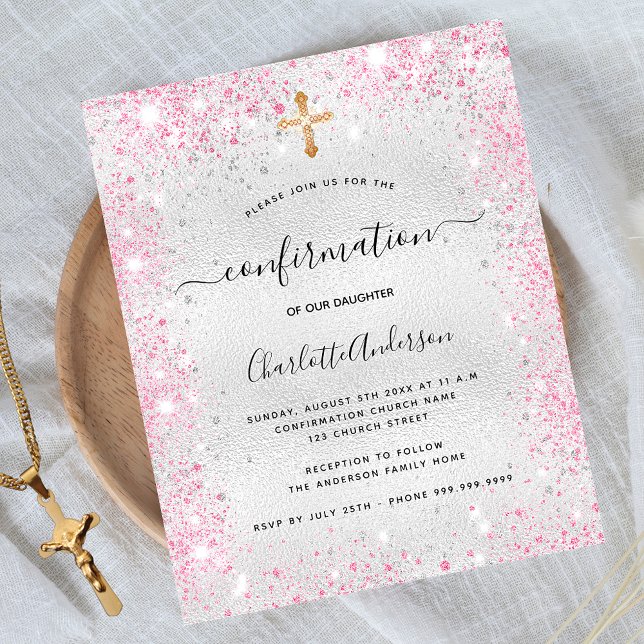 Confirmation silver glitter pink budget invitation flyer (Creator Uploaded)