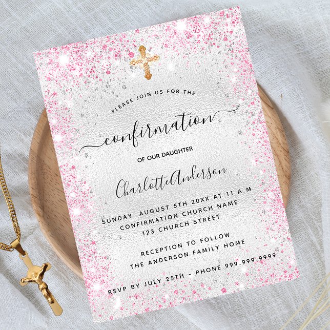 Confirmation silver glitter pink sparkles girl invitation postcard (Creator Uploaded)