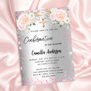Confirmation silver pink florals girl luxury invitation