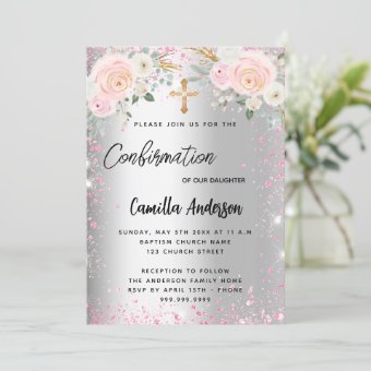 Confirmation silver pink florals girl sparkles invitation | Zazzle