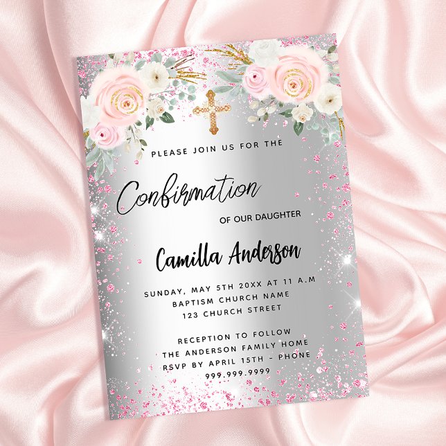 Confirmation silver pink florals girl sparkles invitation postcard (Creator Uploaded)