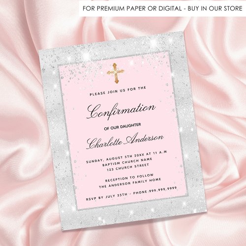 Confirmation silver pink glitter budget invitation