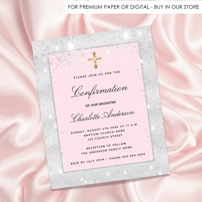 Confirmation silver pink glitter budget invitation flyer (Creator Uploaded)