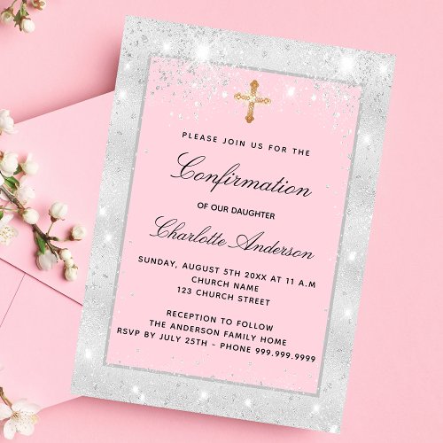 Confirmation silver pink glitter cross script invitation postcard
