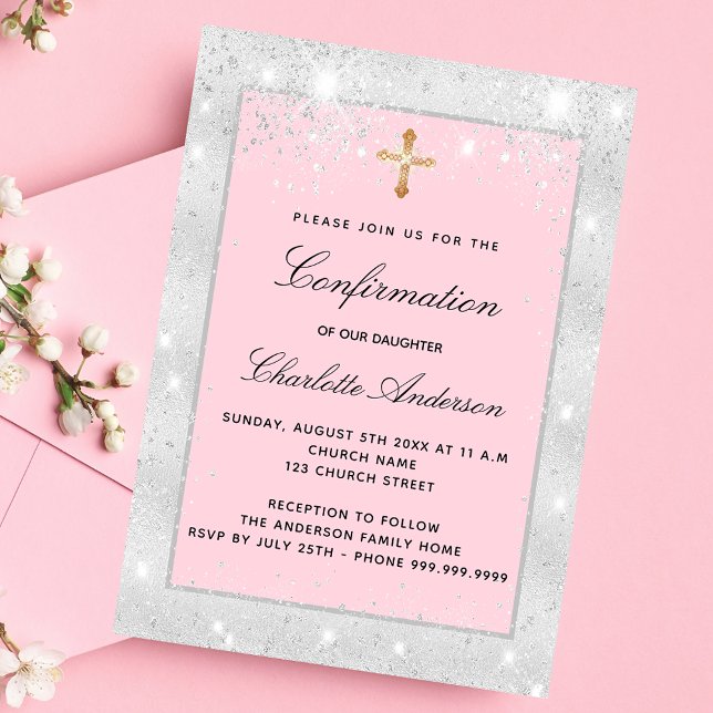 Confirmation silver pink glitter cross script invitation postcard (Creator Uploaded)