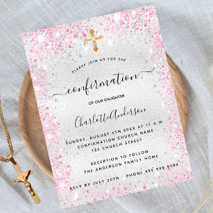 Confirmation silver pink glitter girl glamorous invitation