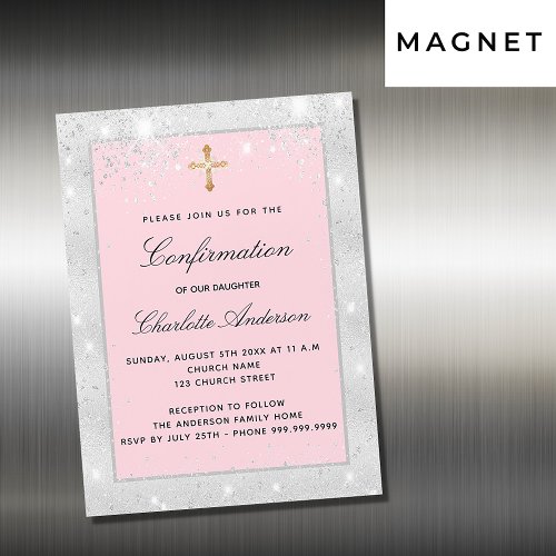 Confirmation silver pink glitter script luxury magnetic invitation