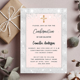 Confirmation silver rose gold blush invitation postcard