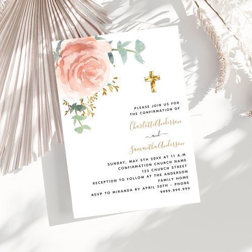 Confirmation twins girls rose floral cross luxury invitation