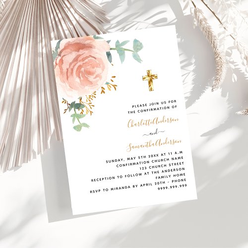 Confirmation twins girls rose gold floral cross invitation