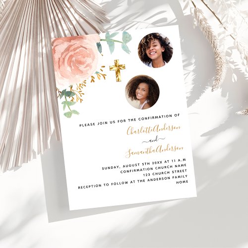 Confirmation twins girls rose gold floral photo invitation
