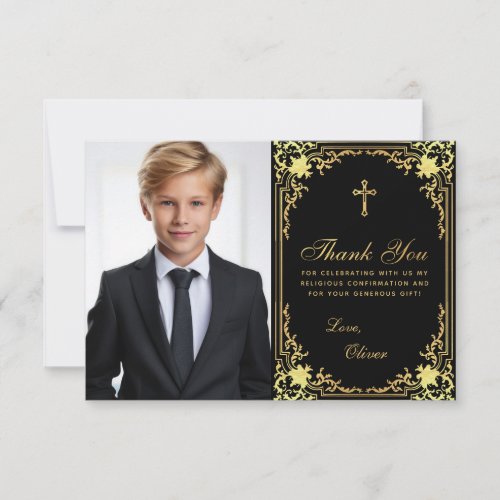 Confirmation Vintage Black Faux Gold Boy Photo Thank You Card