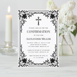 Confirmation Vintage Black & White Religious Cross Invitation