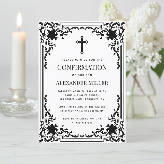 Confirmation Vintage Black & White Religious Cross Invitation (Creator Uploaded)