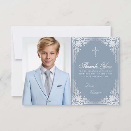 Confirmation Vintage Dusty Blue Silver Boy Photo