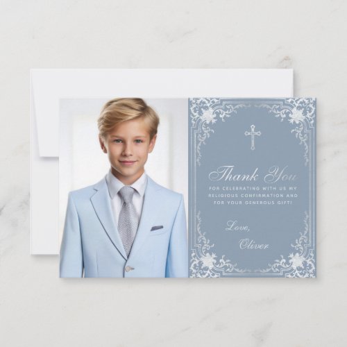 Confirmation Vintage Dusty Blue Silver Boy Photo Thank You Card