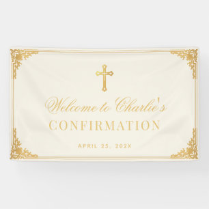 Confirmation Vintage Faux Gold Cross Elegant Ivory Banner