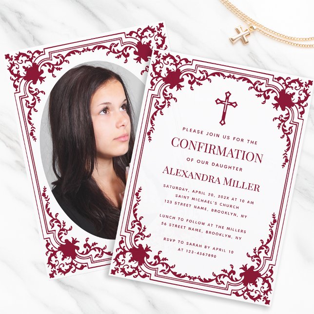 Confirmation Vintage Girl Photo Burgundy Cross  Invitation (Creator Uploaded)
