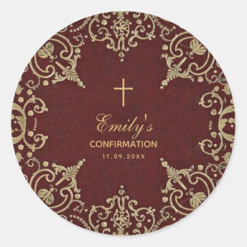Confirmation Vintage Gold Cross Burgundy Elegant Classic Round Sticker