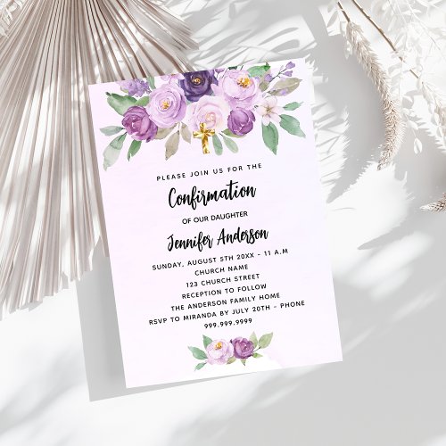 Confirmation violet flowers greenery cross invitation