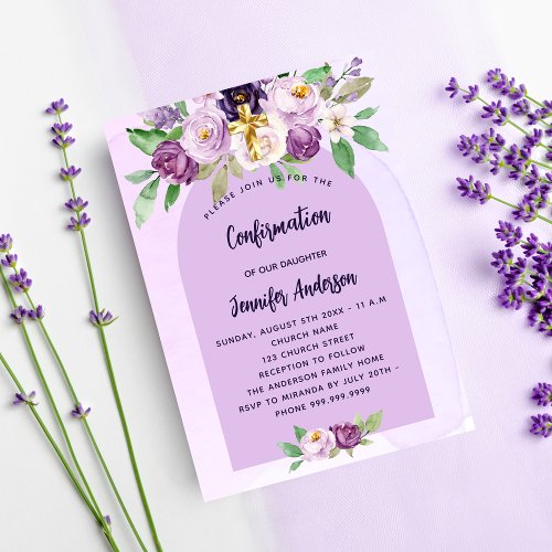 Confirmation violet purple flowers cross girl invitation