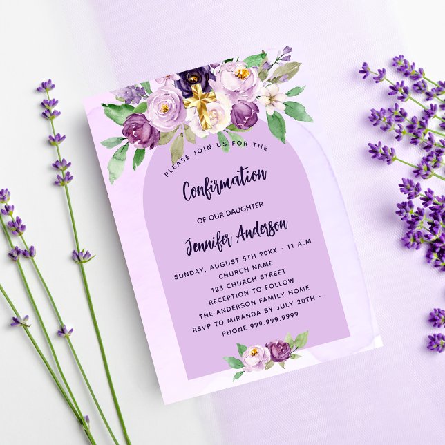 Confirmation violet purple flowers cross girl invitation postcard (Creator Uploaded)