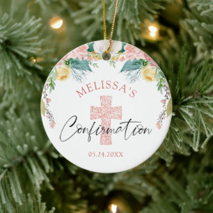 Confirmation Watercolor Floral Blush Pink Cross Ceramic Ornament