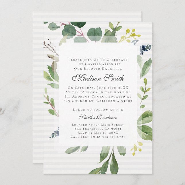 Confirmation  Watercolor Foliage Botanicals Invitation (Front/Back)